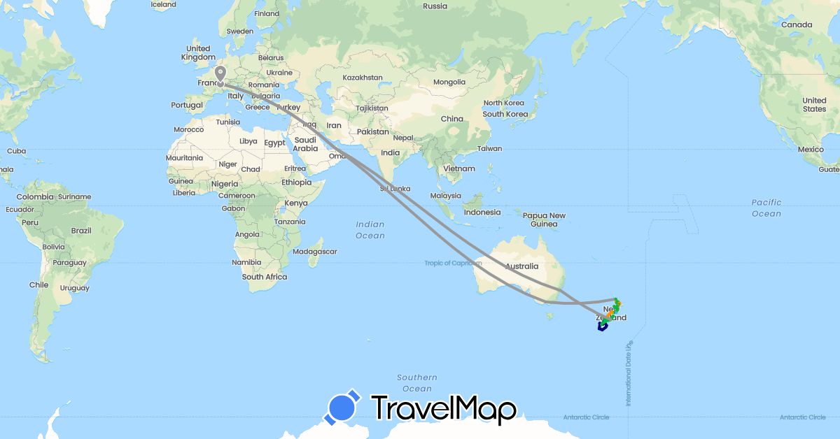 TravelMap itinerary: driving, bus, plane, hiking, boat, hitchhiking in United Arab Emirates, Australia, Switzerland, New Zealand (Asia, Europe, Oceania)